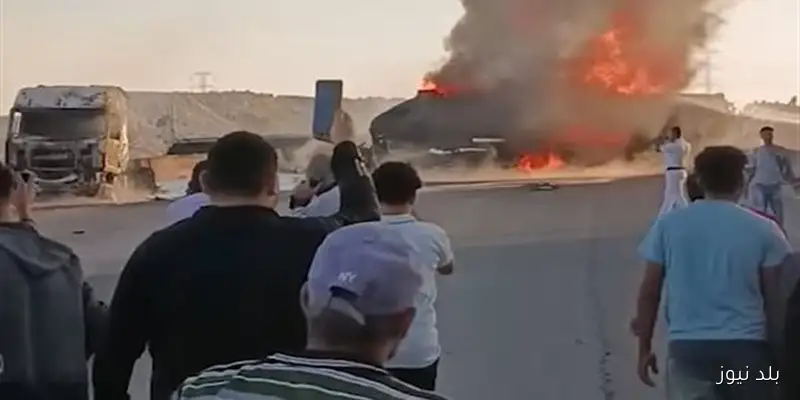 اشتعال سيارة مواد بترولية على الطريق الإقليمي بعد اصطدامها بتريلا ووفاة أحد السائقين