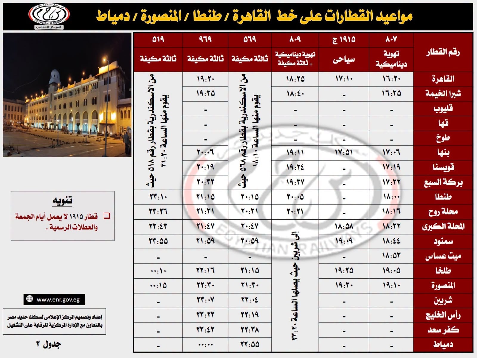 جدول تشغيل قطارات خط القاهرة طنطا المنصورة دمياط والعكس (1) جدول تشغيل قطارات خط القاهرة طنطا المنصورة دمياط والعكس (1)
