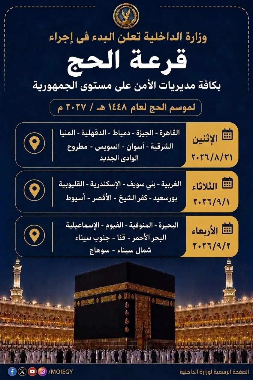 الداخلية تجري قرعة الحج العلانية بـ 10 مديريات أمن غدا الداخلية تجري قرعة الحج العلانية بـ 10 مديريات أمن غدا