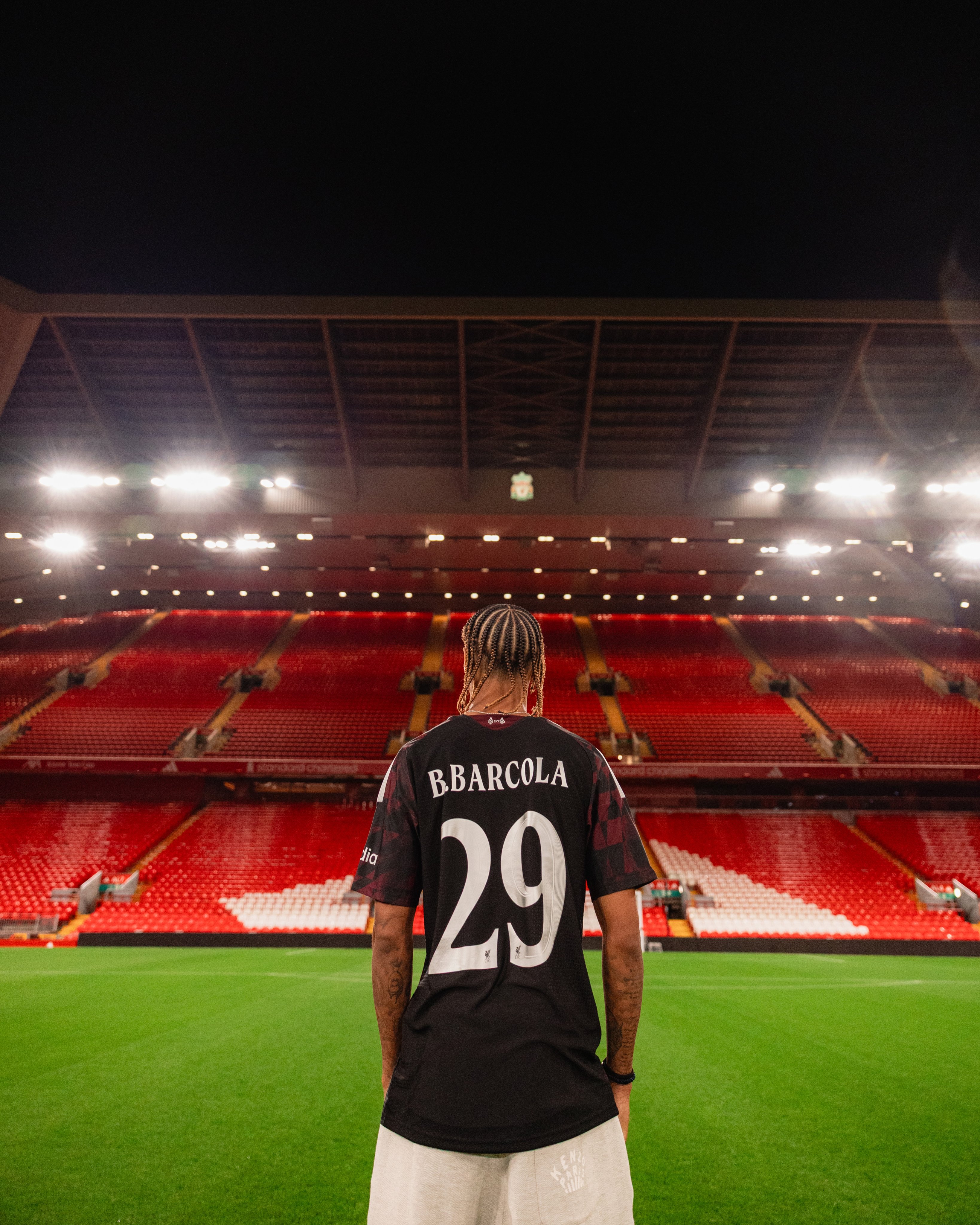 Photography of Bradley Barcola at Anfield after signing for Liverpool FC.