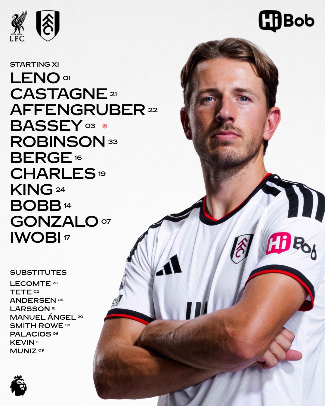 XI: Leno, Castagne, Affengruber, Bassey, Robinson, Berge, Charles, King, Bobb, Gonzalo, Iwobi.Subs: Lecomte, Tete, Andersen, Larsson, Manuel Ángel, Smith Rowe, Palacios, Kevin, Muniz.